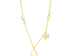 Naszyjnik z żółtego złota z diamentami - serce, nieskończoność, koniczyna - 0,01 ct - próba 375