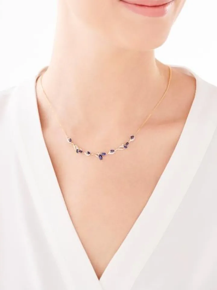 Naszyjnik z żółtego złota z diamentami i szafirami syntetycznymi - próba 375