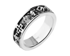 Obrączka srebrna - czaszka, korona, krzyż, lilijka, herb