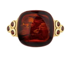 Pierścionek srebrny z bursztynem i granatem syntetycznym