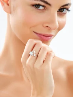 Pierścionek srebrny z cyrkoniami i masą perłową - gwiazdy