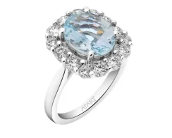 Pierścionek z białego złota z brylantami i akwamarynem - próba 585