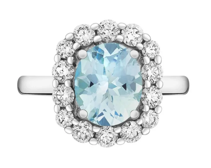 Pierścionek z białego złota z brylantami i akwamarynem - próba 585
