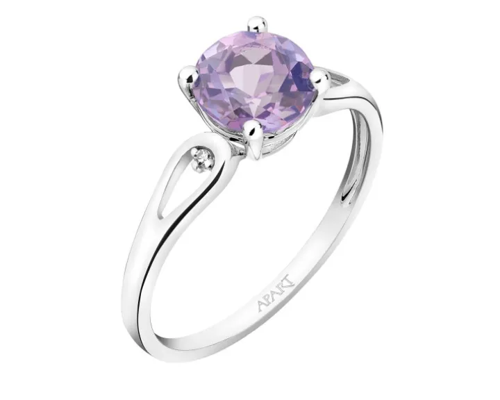 Pierścionek z białego złota z diamentami i ametystem - próba 375
