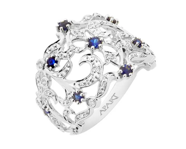 Pierścionek z białego złota z brylantami i szafirami - próba 585