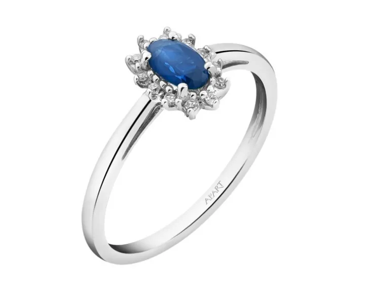 Pierścionek z białego złota z diamentami i szafirem - próba 375
