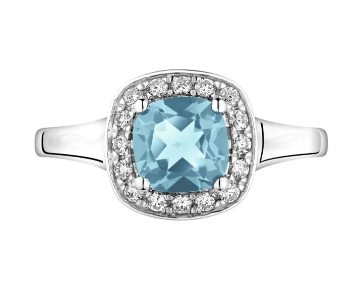 Pierścionek z białego złota brylantami i topazem London Blue - próba 585