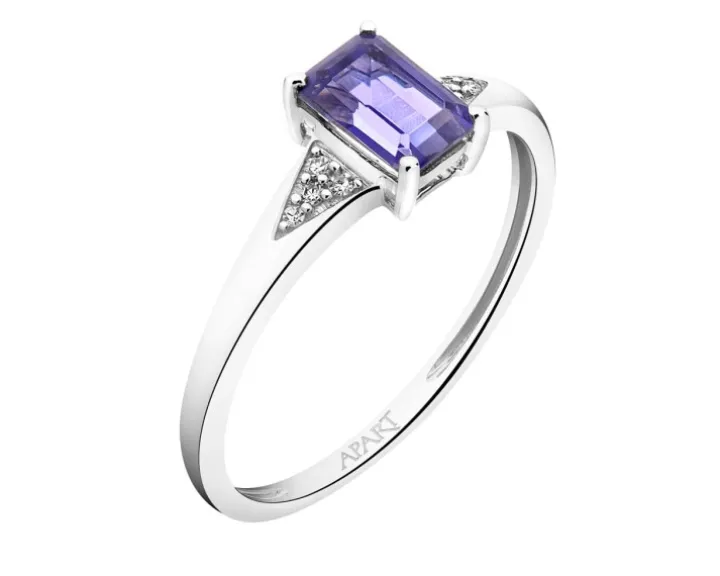 Pierścionek z białego złota z diamentami i iolitem - próba 375