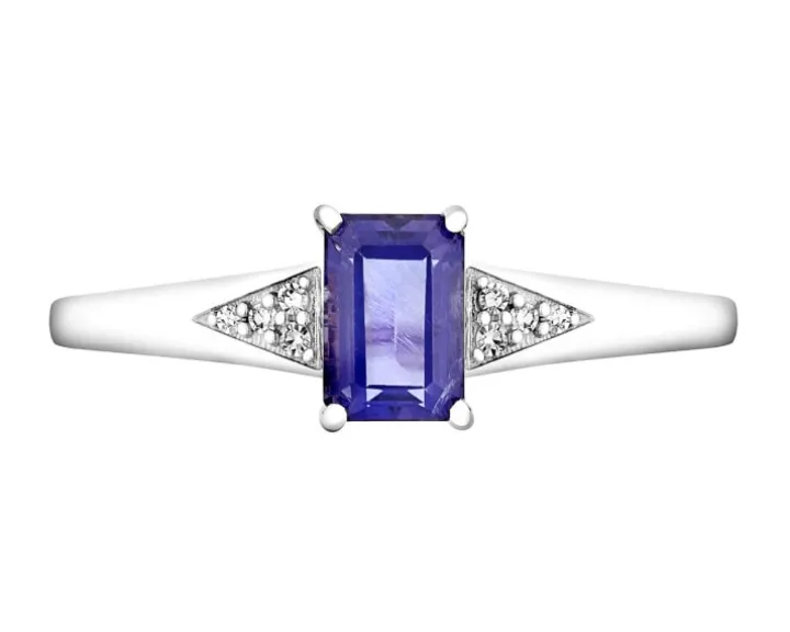 Pierścionek z białego złota z diamentami i iolitem - próba 375