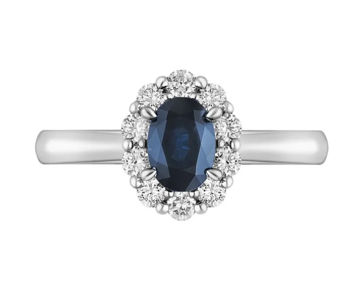 Pierścionek z białego złota z brylantami i szafirem - próba 750