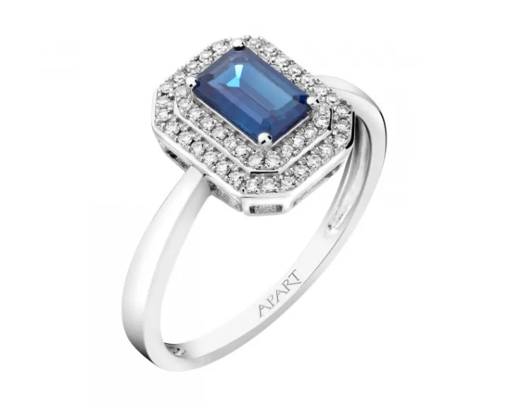 Pierścionek z białego złota z diamentami i szafirem - próba 585