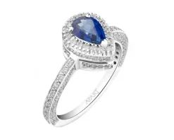 Pierścionek z białego złota z brylantami i szafirem - próba 585