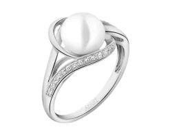 Pierścionek z białego złota z diamentami i perłą - próba 585