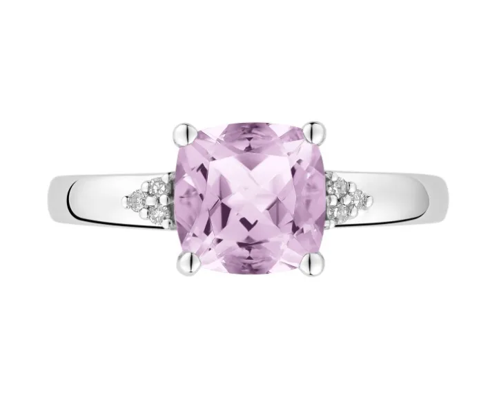 Pierścionek z białego złota z diamentami i ametystem - próba 375