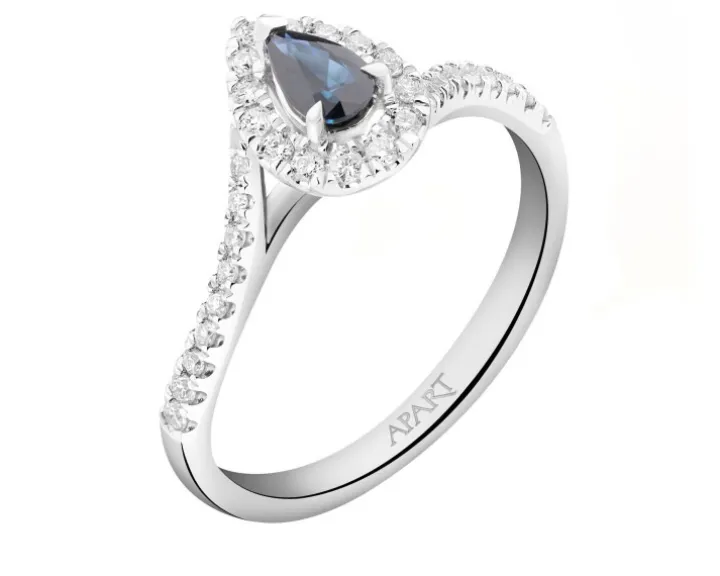 Pierścionek z białego złota z brylantami i szafirem - próba 585