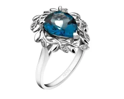 Pierścionek z białego złota z diamentami i topazem London Blue - próba 585