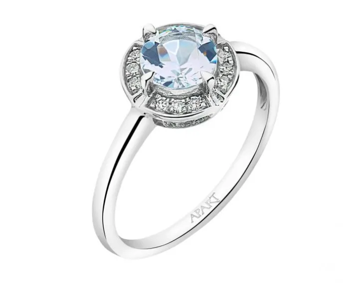 Pierścionek z białego złota z diamentami i akwamarynem - próba 585