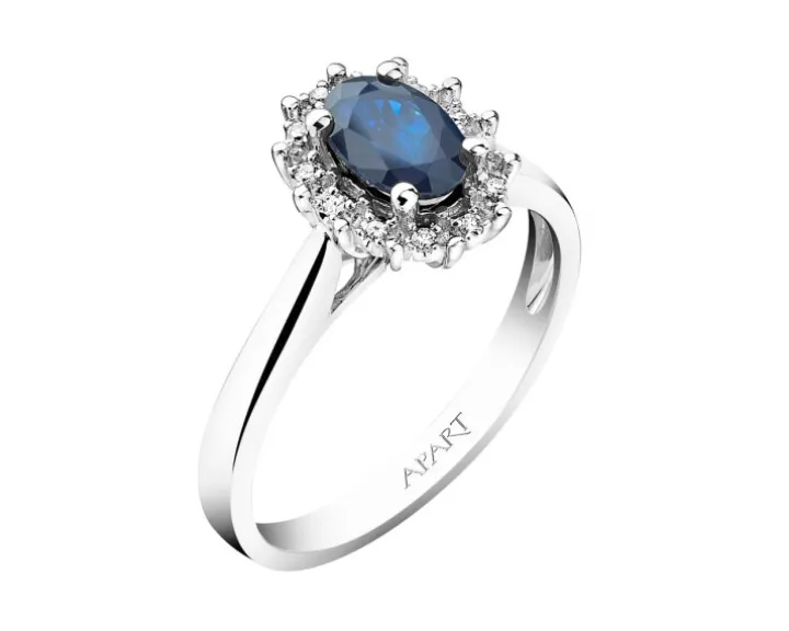 Pierścionek z białego złota z diamentami i szafirem - próba 585