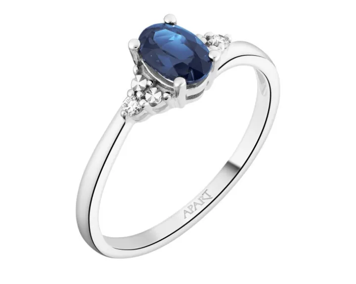 Pierścionek z białego złota z brylantami i szafirem - próba 375