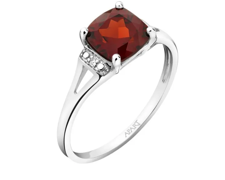 Pierścionek z białego złota z diamentami i granatem - próba 585