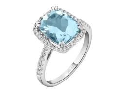 Pierścionek z białego złota z brylantami i akwamarynem - próba 585