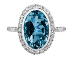 Pierścionek z białego złota z brylantami i topazem London Blue - próba 585