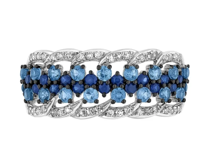 Pierścionek z białego złota z diamentami i szafirami - próba 585