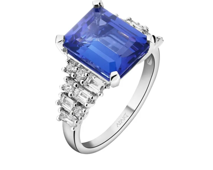 Pierścionek z białego złota z diamentami i tanzanitem - próba 750