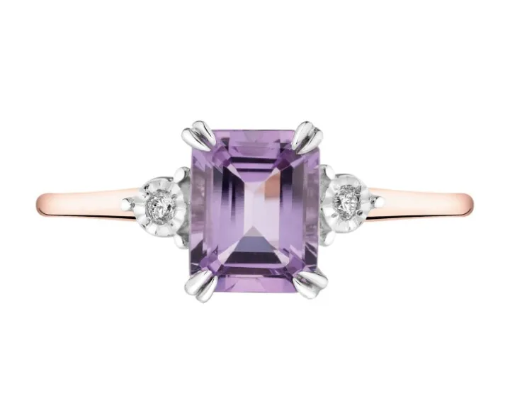 Pierścionek z różowego i białego złota z brylantami i ametystem - próba 585