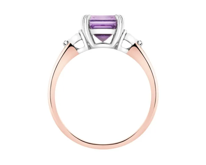 Pierścionek z różowego i białego złota z brylantami i ametystem - próba 585