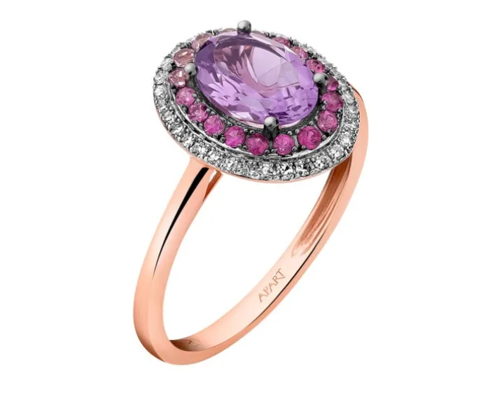 Pierścionek z różowego złota z diamentami, szafirami i ametystem - próba 585