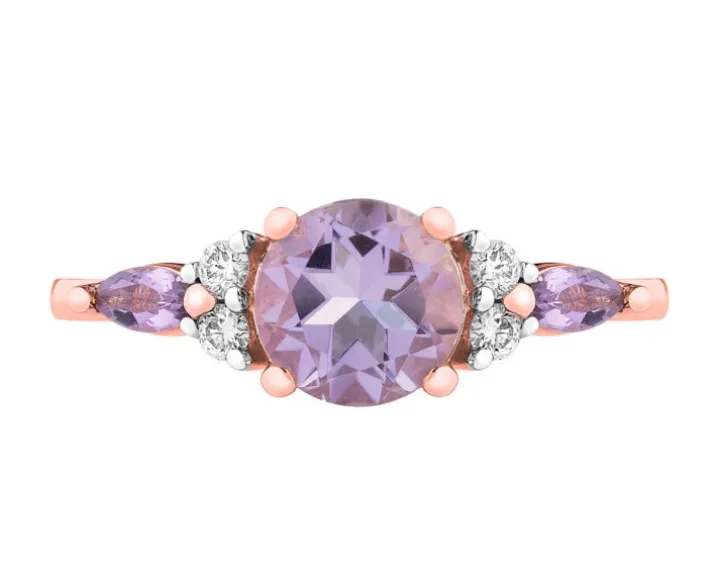 Pierścionek z różowego złota z brylantami i ametystami - próba 585
