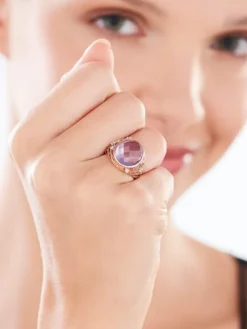 Pierścionek z różowego złota z brylantami i ametystem - próba 585