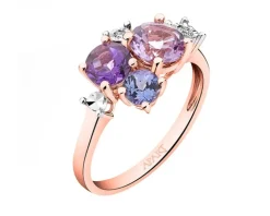 Pierścionek z różowego złota z brylantami, ametystami i tanzanitem - próba 585