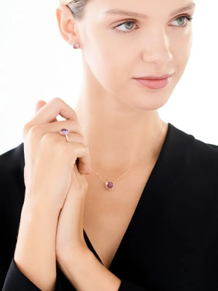 Pierścionek z różowego złota z diamentami i ametystem - liście - próba 585