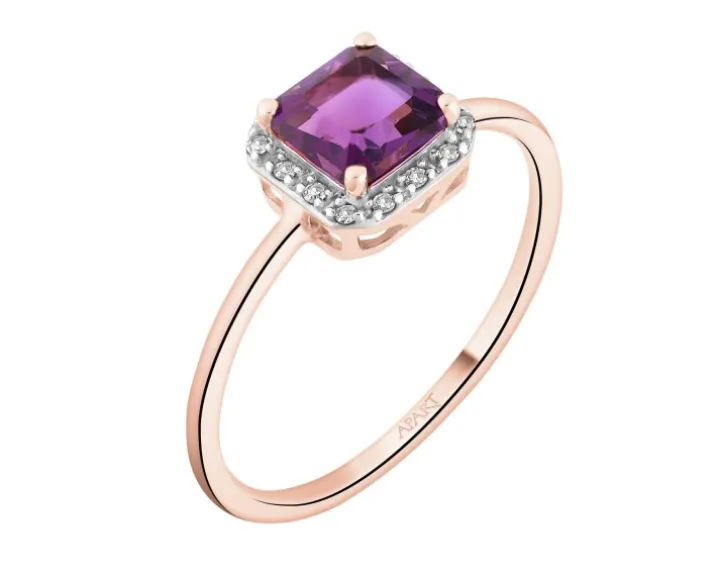 Pierścionek z różowego złota z diamentami i ametystem - próba 585