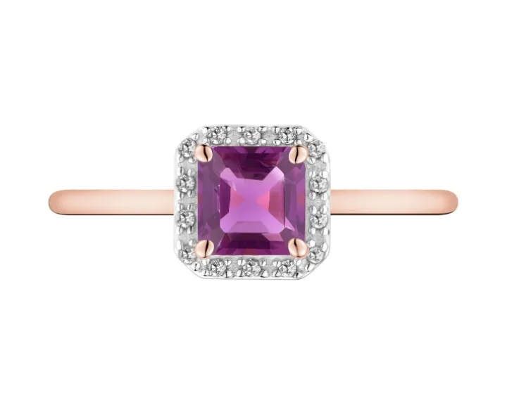 Pierścionek z różowego złota z diamentami i ametystem - próba 585