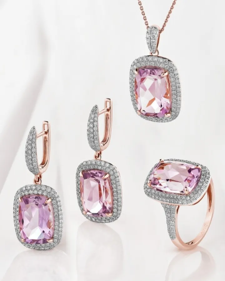 Pierścionek z różowego złota z brylantami i ametystem - próba 585