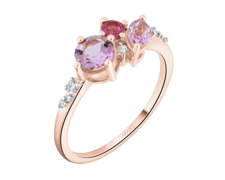 Pierścionek z różowego złota z brylantami i kamieniami ozdobnymi - próba 585