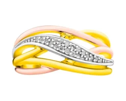 Pierścionek z żółtego, białego i różowego złota z diamentami - 0,07 ct - próba 585