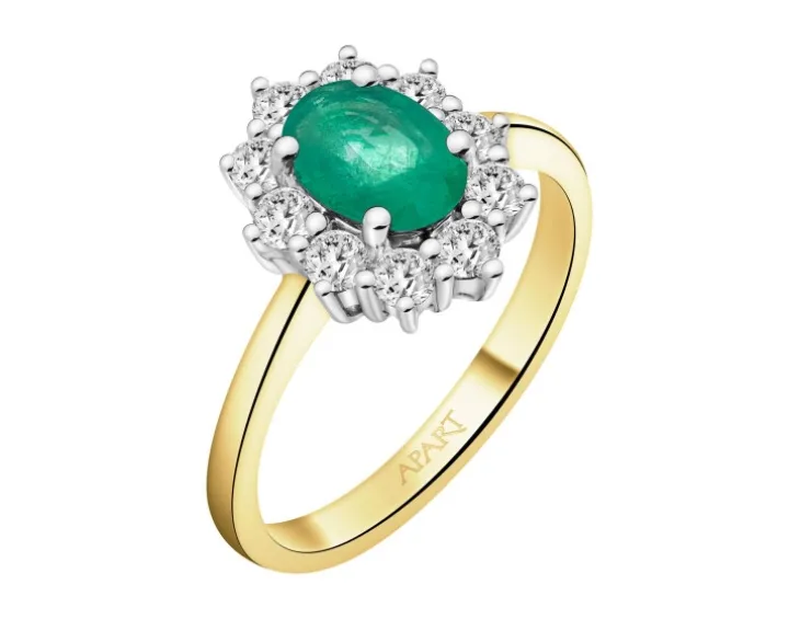 Pierścionek z żółtego i białego złota z brylantami i szmaragdem - próba 585