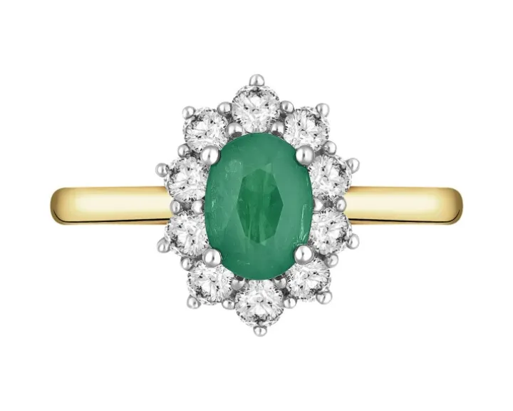 Pierścionek z żółtego i białego złota z brylantami i szmaragdem - próba 585