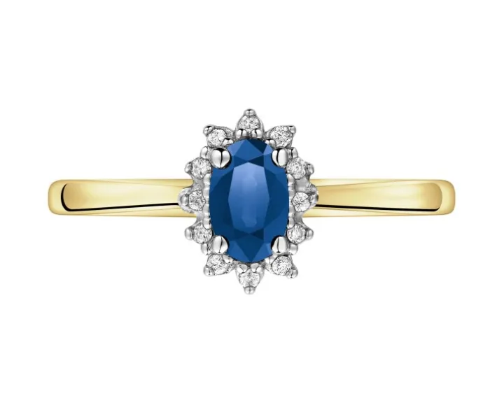 Pierścionek z żółtego i białego złota z diamentami i szafirem - próba 585