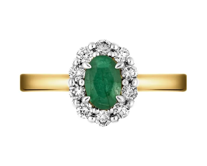 Pierścionek z żółtego i białego złota z brylantami i szmaragdem - próba 585