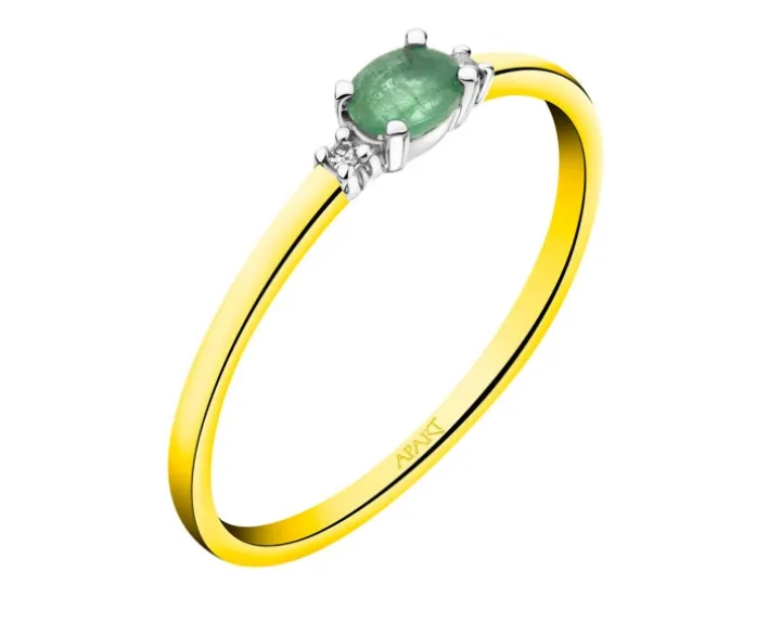 Pierścionek z żółtego i białego złota z diamentami i szmaragdem - próba 375