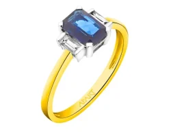 Pierścionek z żółtego i białego złota z diamentami i szafirem - próba 585