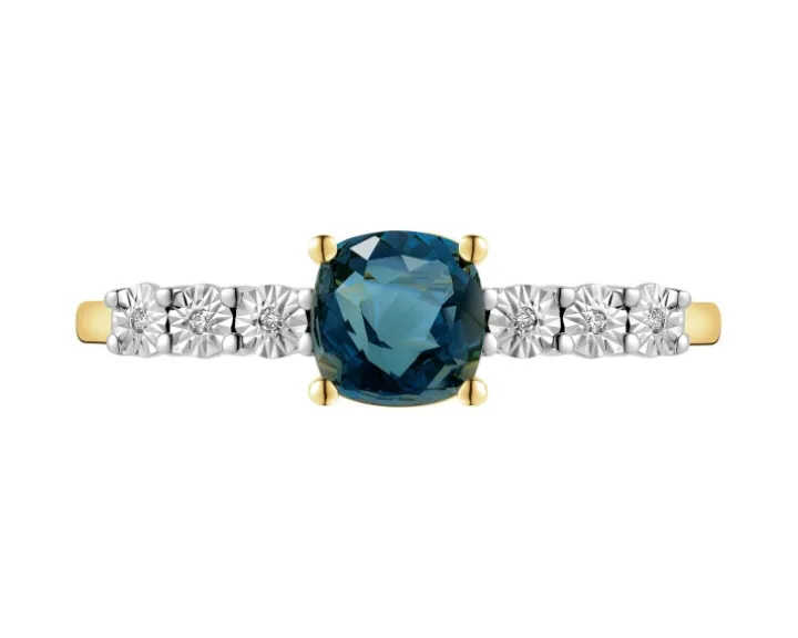 Pierścionek z żółtego i białego złota z diamentami i topazem London Blue - próba 375