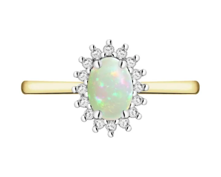 Pierścionek z żółtego i białego złota z brylantami i opalem - próba 585