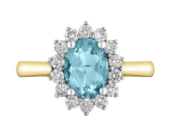 Pierścionek z żółtego i białego złota z brylantami i akwamarynem - próba 585