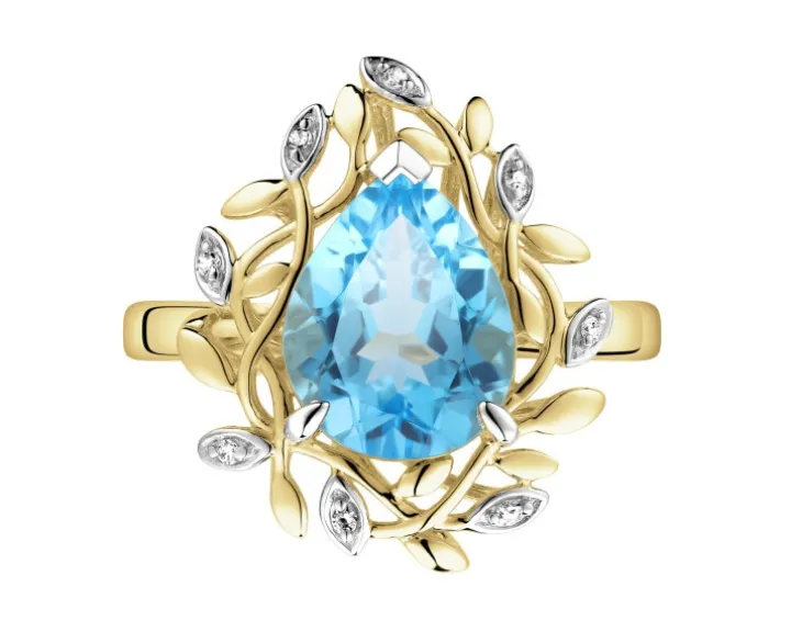 Pierścionek z żółtego złota z diamentami i topazem - próba 585